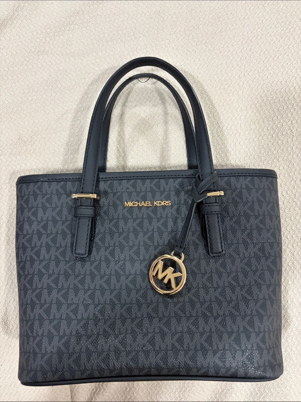 Michael Kors Black/Gray Monogram Tote with Gold MK Charm